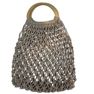 Pink Haley Crochet Women OS Tan Macrame Wood Handle Coastal Grandmother Tote Bag